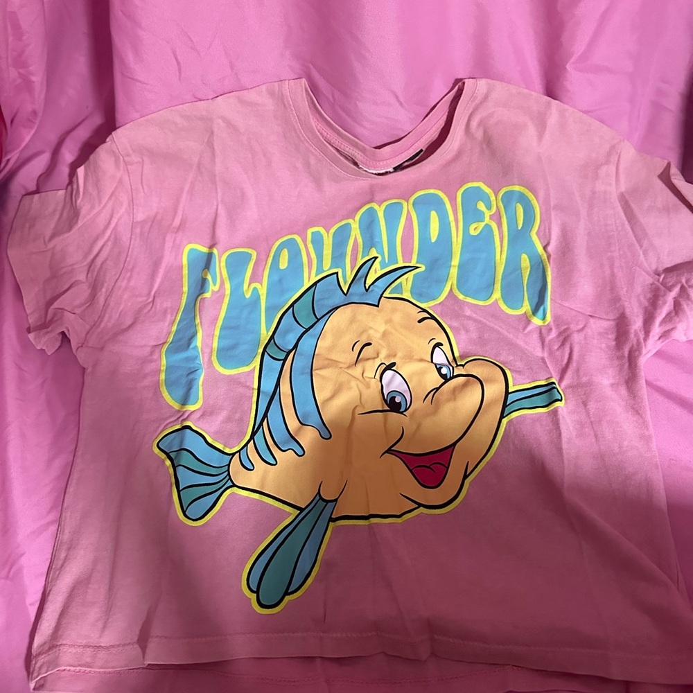 Zara Pink Flounder Graphic Tee with Aqua and Yellow Accents